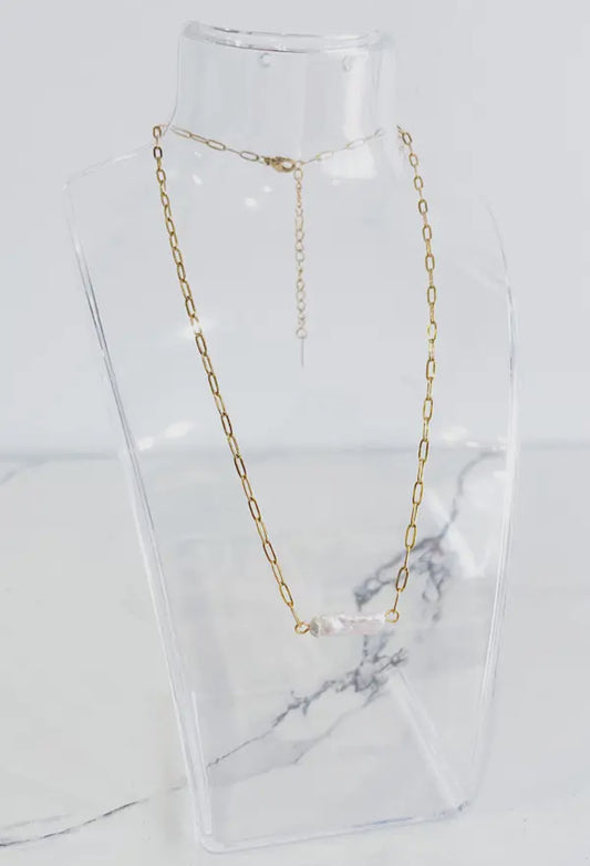 Gold Paperclip Pearl Necklace